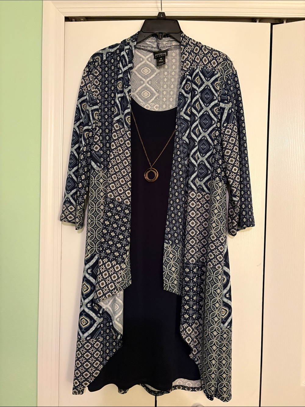 Avenue Navy and White Geometric Open Front Cardigan Dress